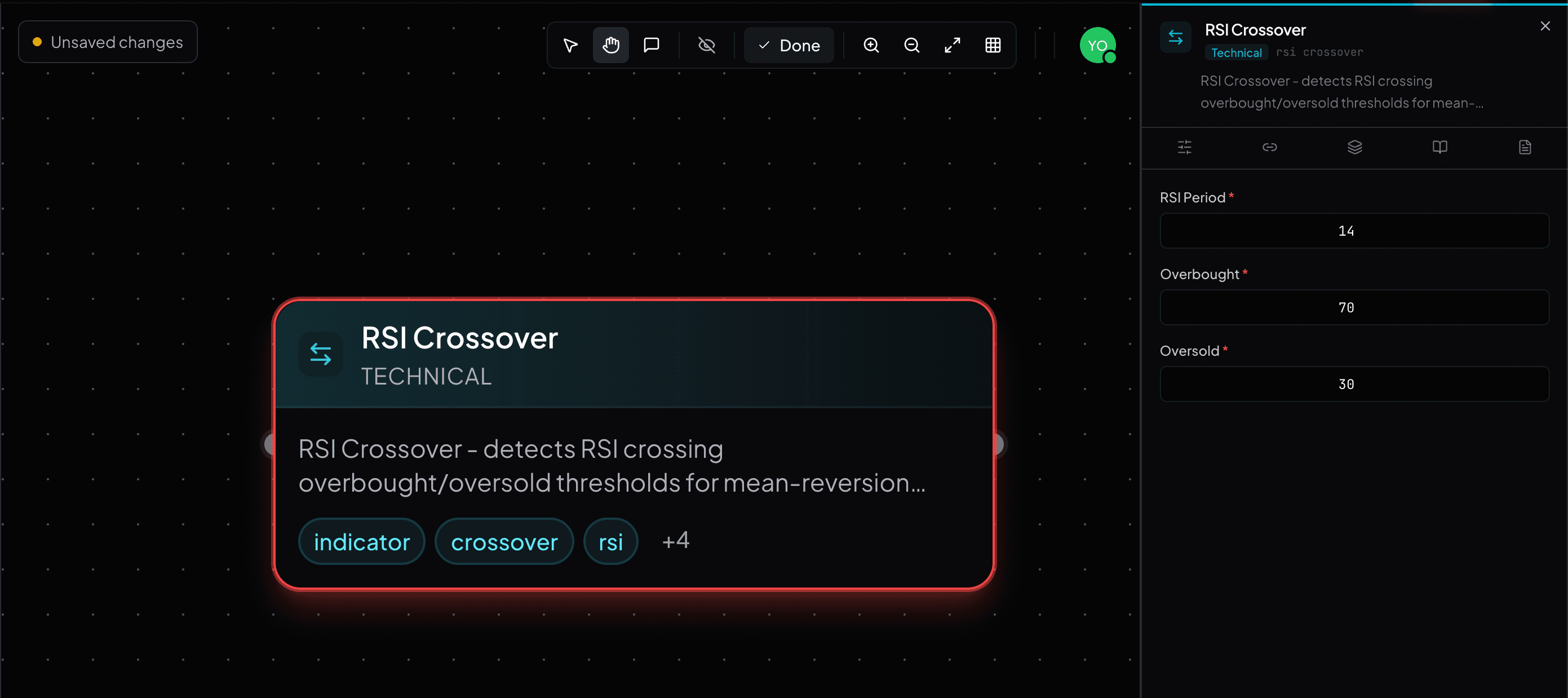 Crossover node configuration panel showing threshold, direction, and signal output