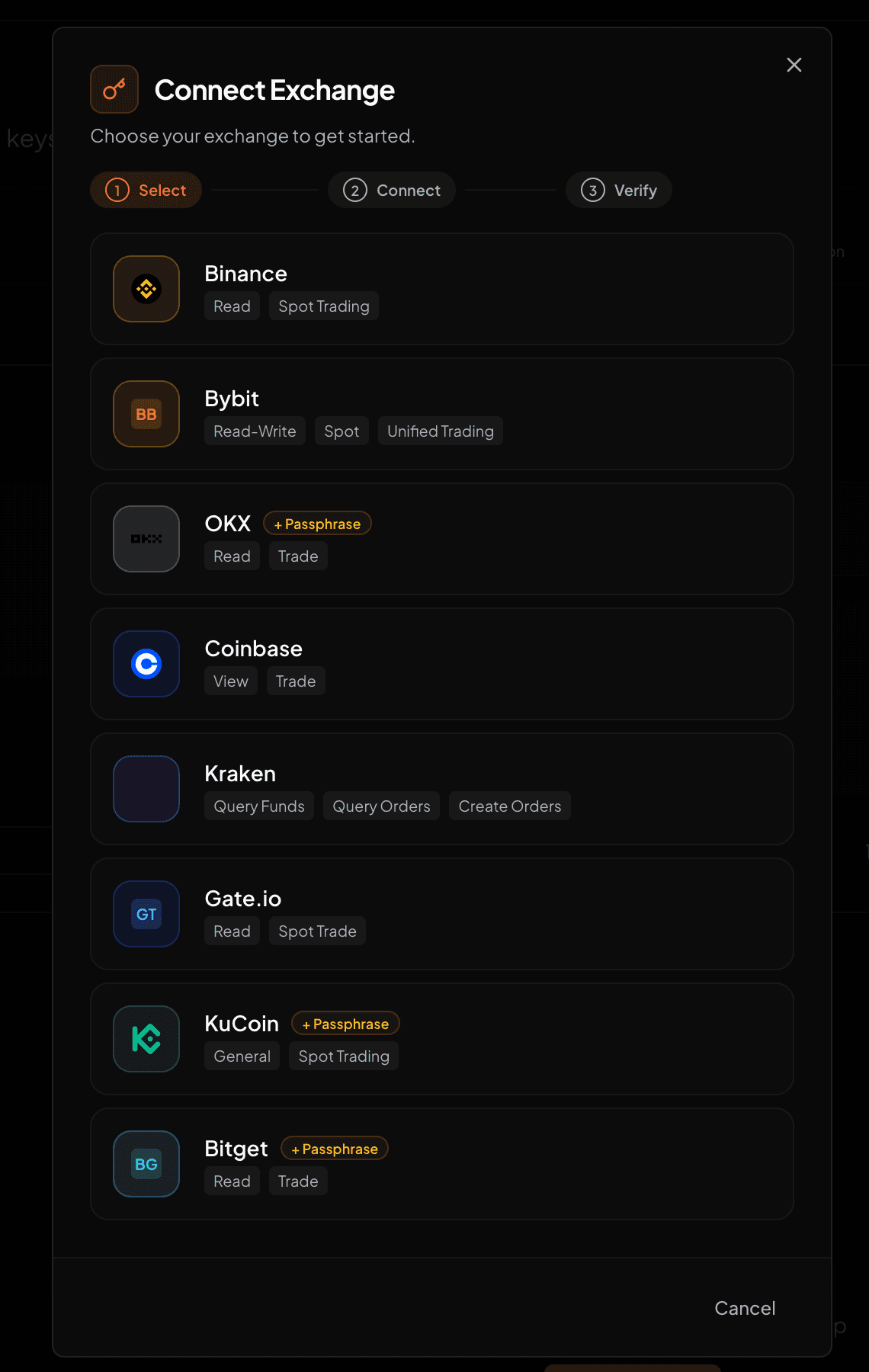 Wizard thiết lập API key với chọn sàn, ô nhập credentials và nút test kết nối