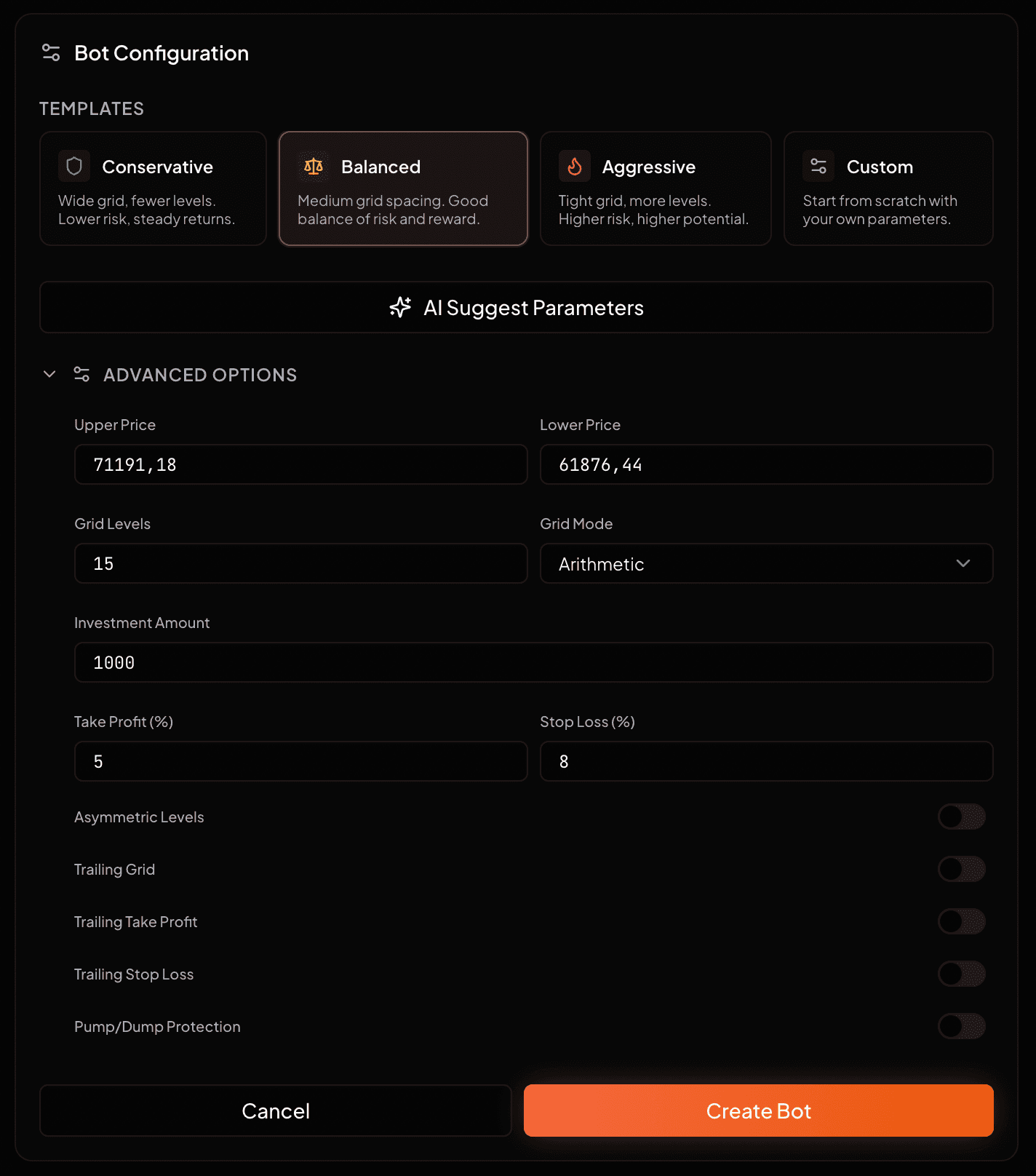 Cấu hình grid với bounds, levels và allocation