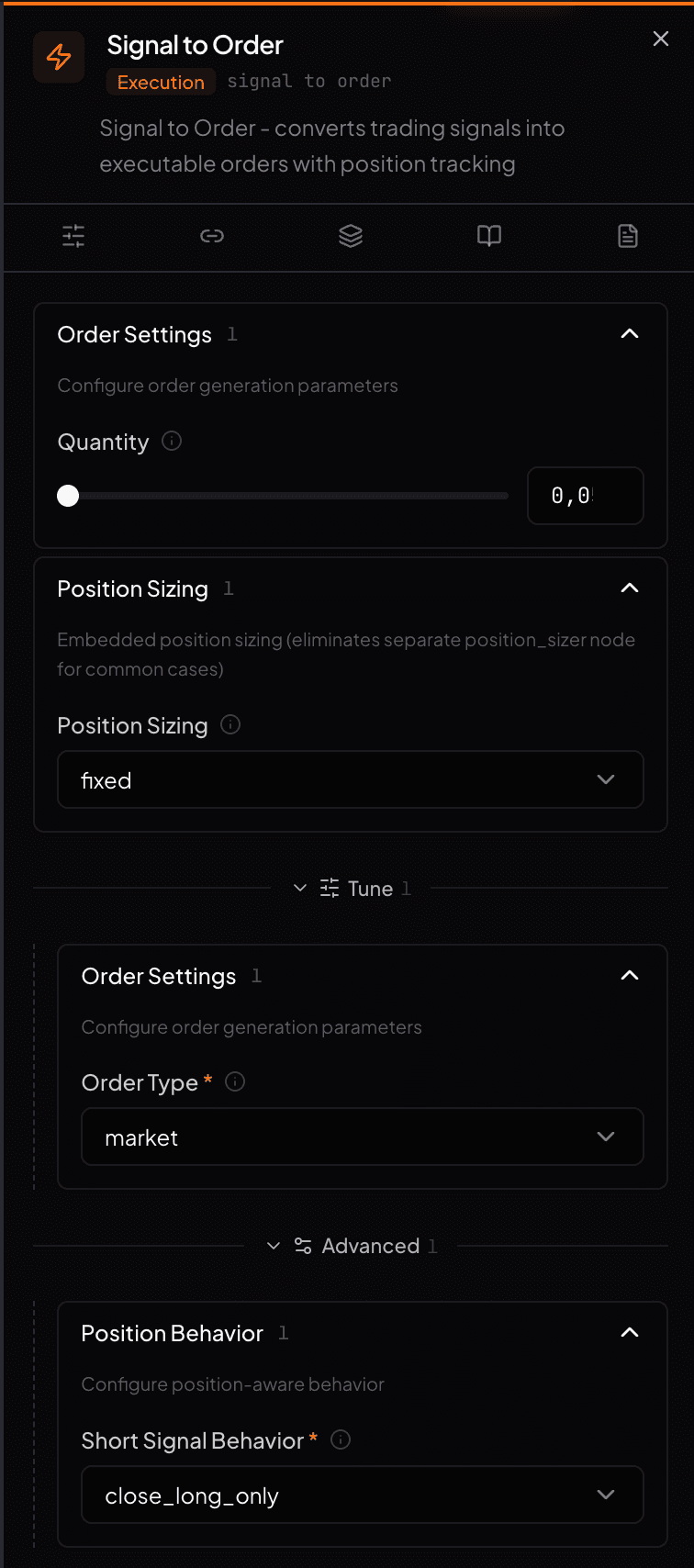 Position sizing configuration options in the Signal to Order node showing the four methods with parameter fields