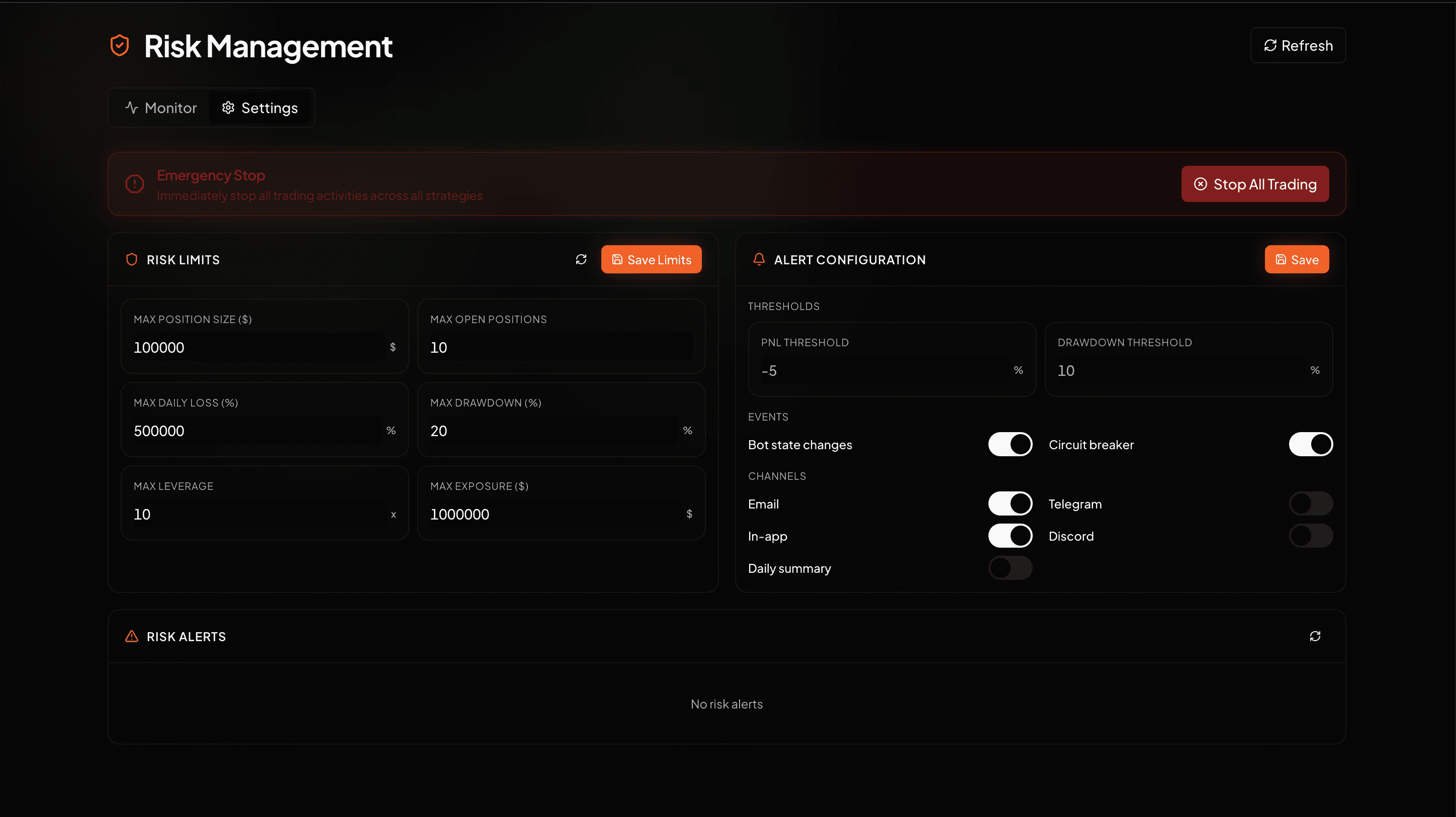 Risk management configuration panel showing circuit breaker toggles, drawdown threshold, daily loss limit, and position limit settings