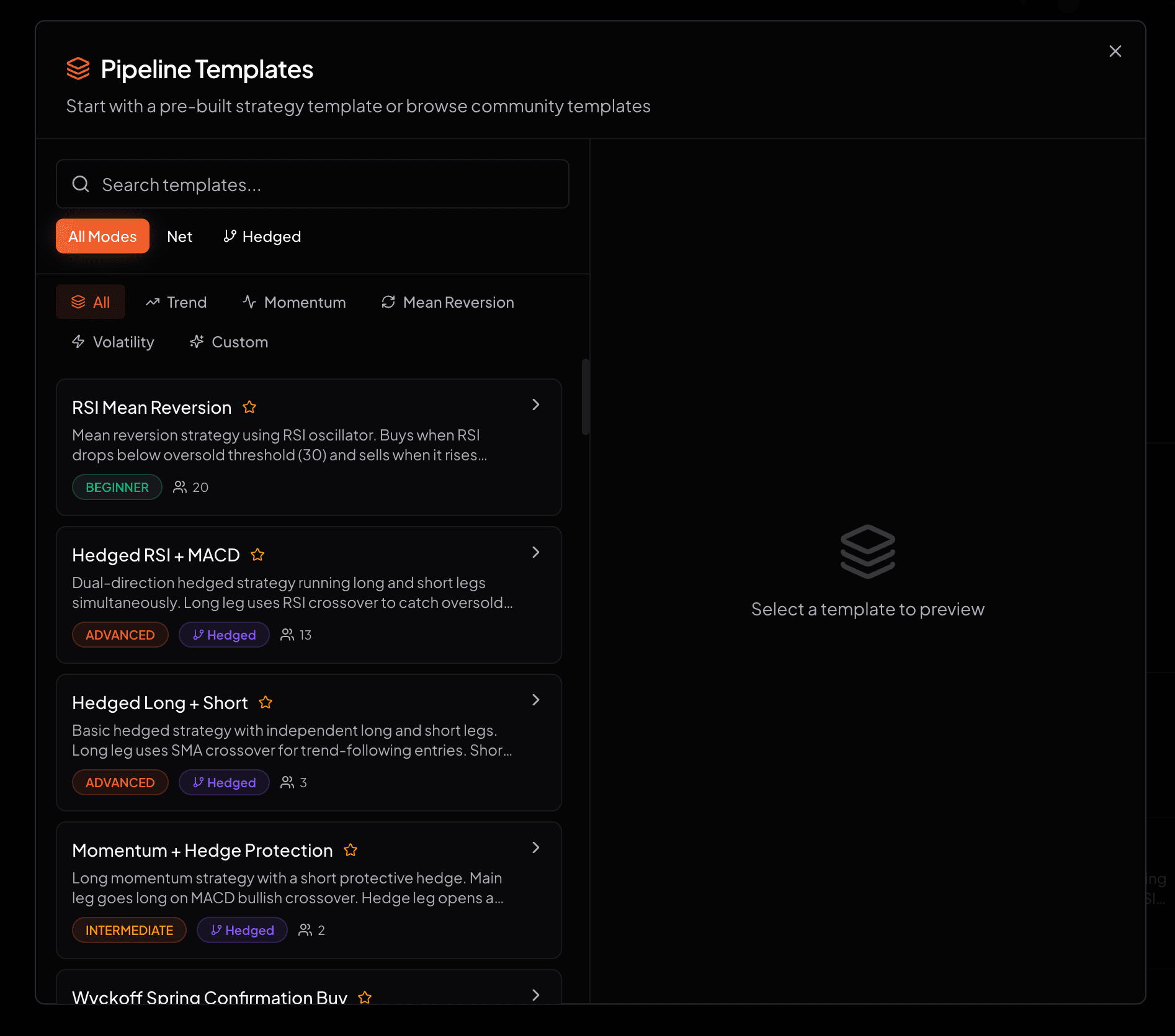Hộp thoại chọn template với các thẻ được phân nhóm theo loại chiến lược
