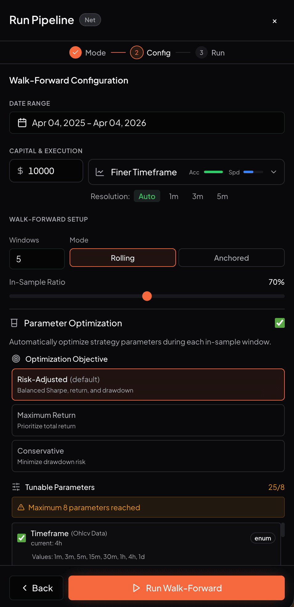 Walk-forward analysis view for strategy validation