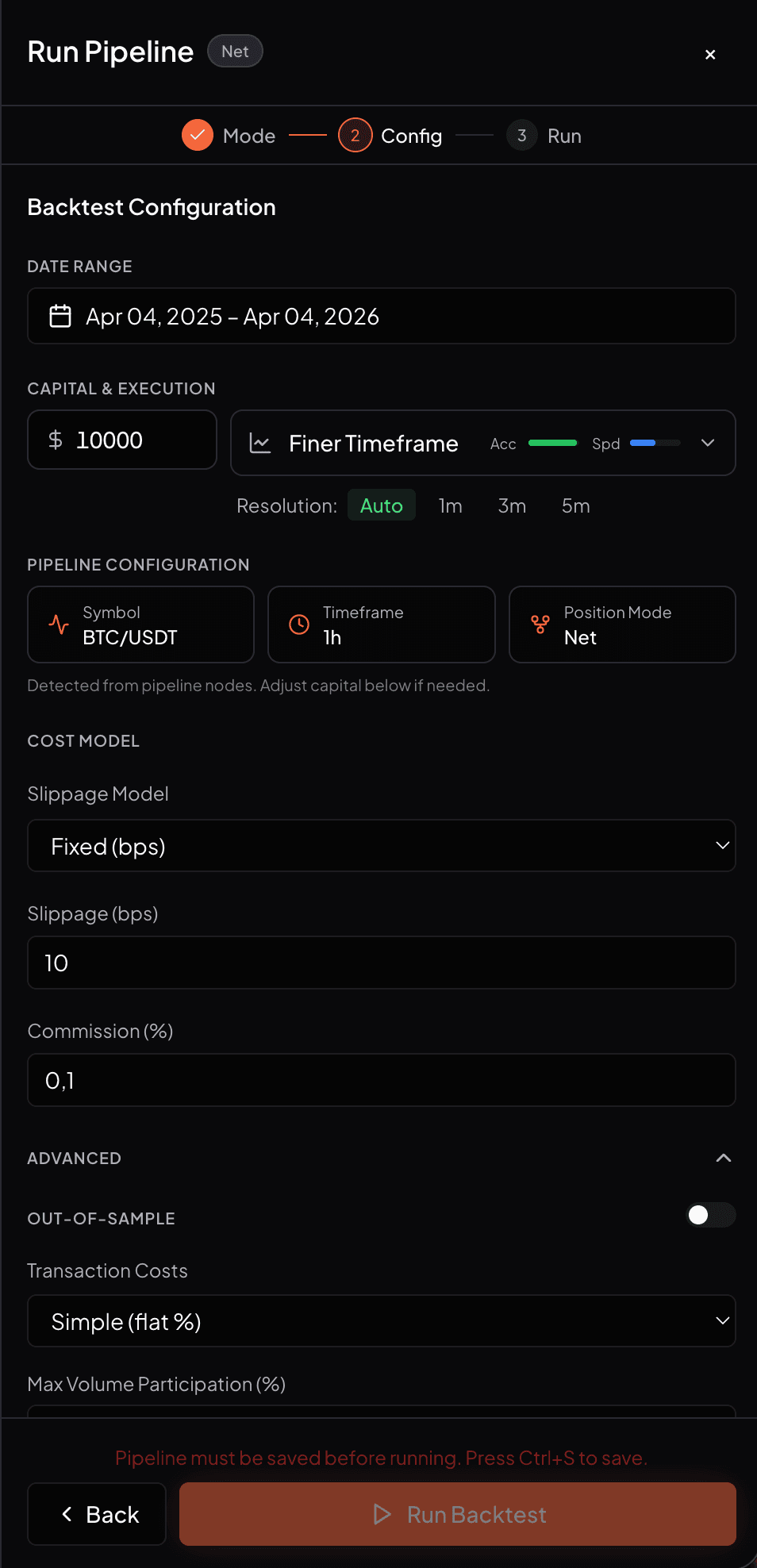 Bảng cấu hình backtest với date range, capital, commission và slippage
