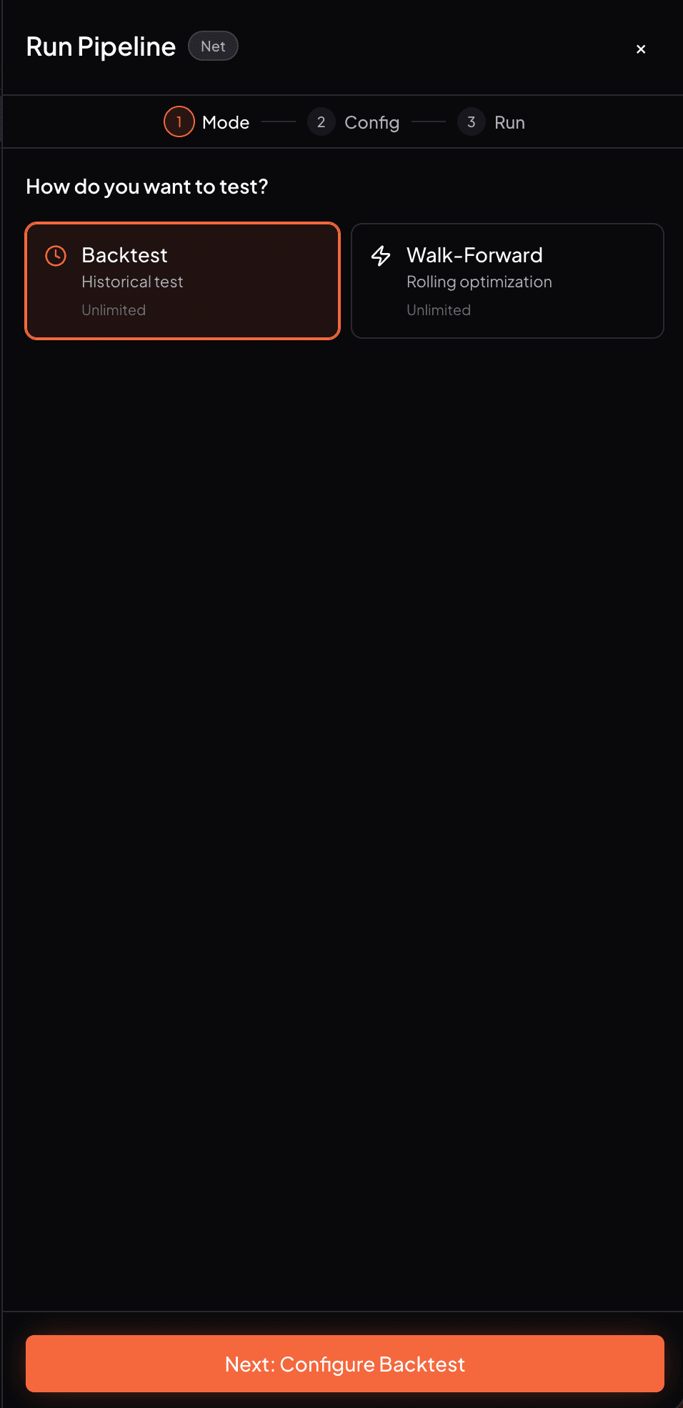 Hộp thoại backtest với bộ chọn khoảng thời gian và nút Run